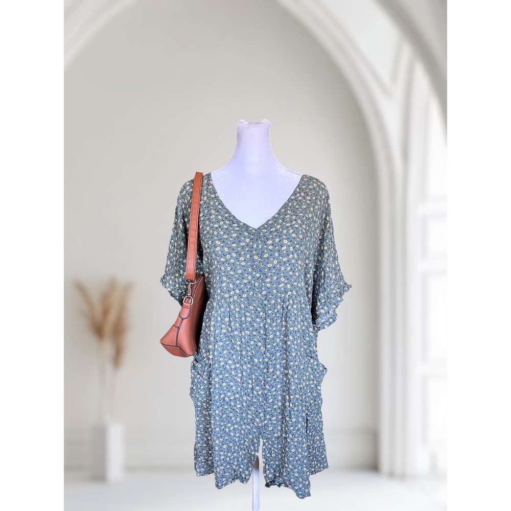 KORI Plus Size Floral V-Neck Button Front Flowy Dress Pockets 1XL 2XL